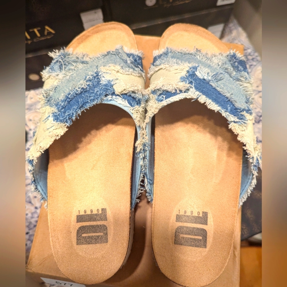 Dirty Laundry Women's Plays Platform Slide Sandal Jean Patchwork 7 New in Box - Picture 3 of 8